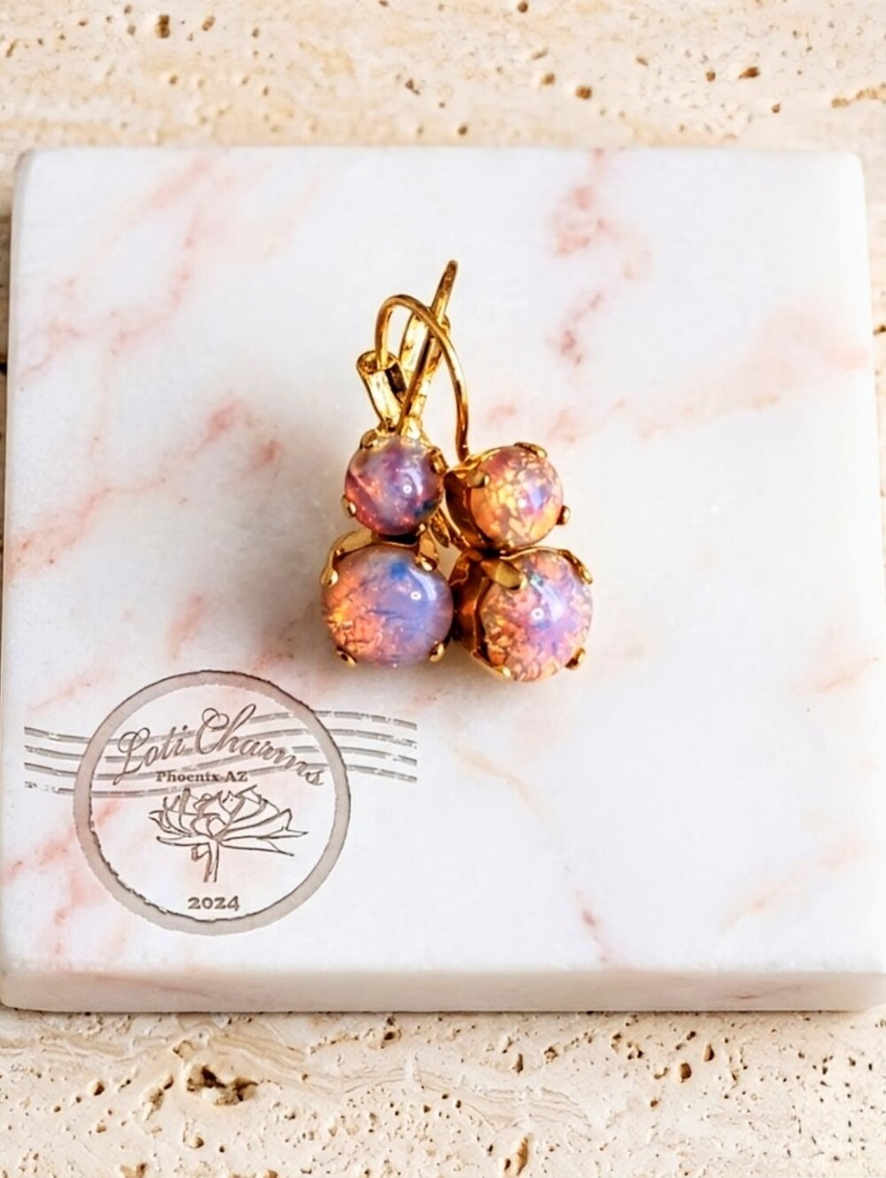 Fiery Pink Fire Opal / Harlequin  In Gold Plated Earrings..